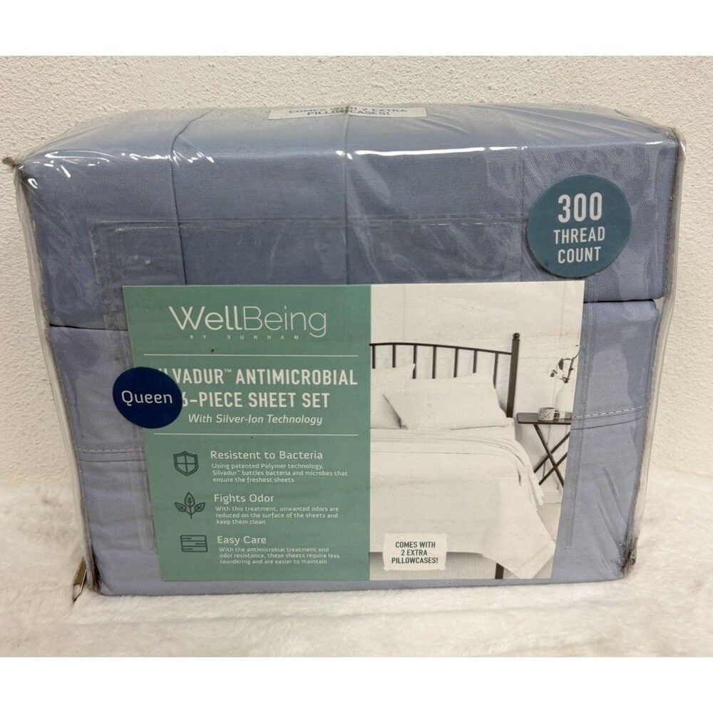 Well Being Silvadur Antimicrobial 300 Thread Sheet Set 6pcs Queen Blue